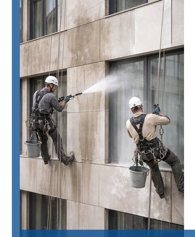 Послестроительная мойка фасада промышленным альпинизмом в Реутове