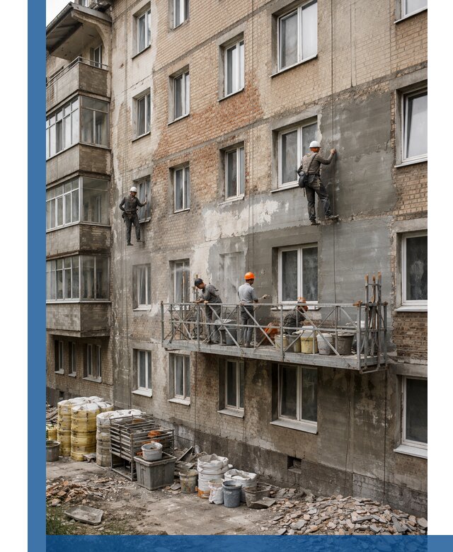 Капитальный ремонт фасада в Реутове с восстановлением и гидроизоляцией