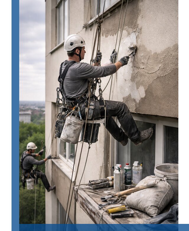 Косметический ремонт фасада зданий в Реутове промышленными альпинистами