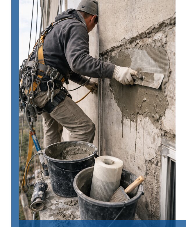 Ремонт бетонных элементов фасада промышленными альпинистами в Реутове