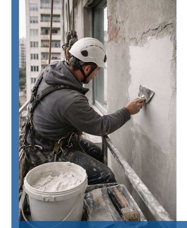 Шпаклевка фасадов на высоте с промальпинистами в Реутове