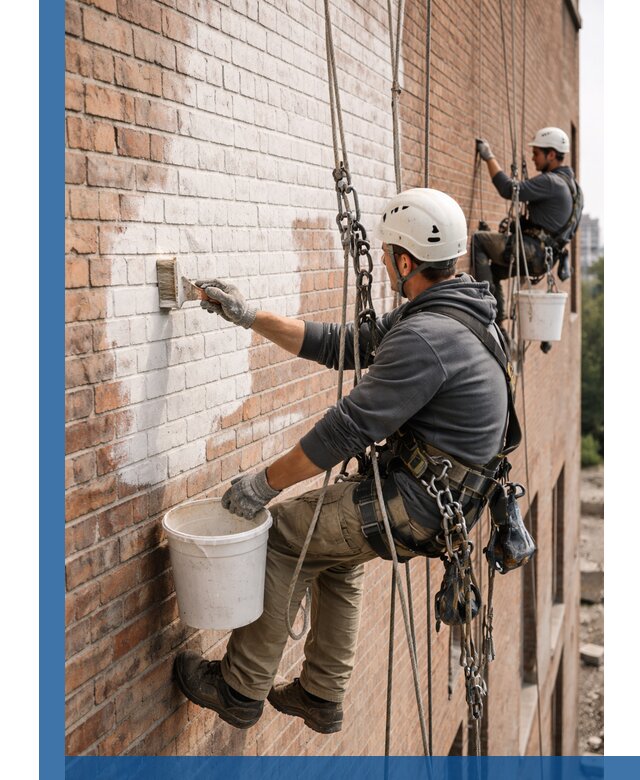 Покраска кирпичного фасада с доступным альпинистским сервисом в Реутове