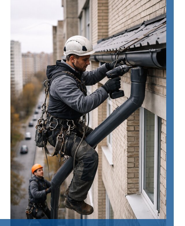 Монтаж водосточной системы на здании в Реутове от 5204 р. | ВЫСОТНИК-Ртв