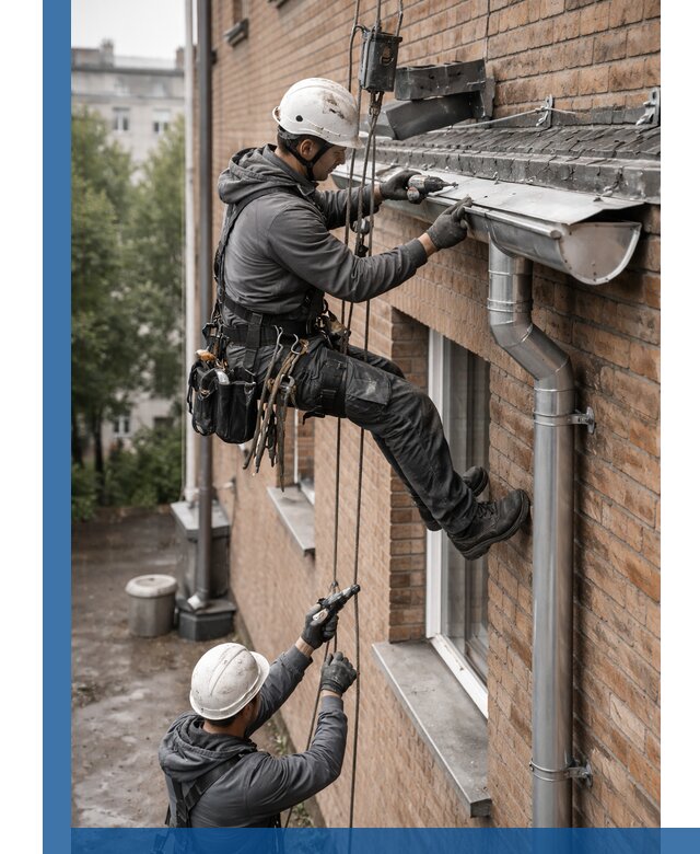 Монтаж водосточной системы на здании в Реутове под ключ