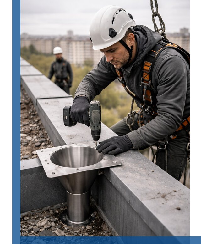 Монтаж водосточных воронок в Реутове для промышленных зданий