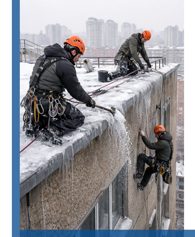 Удаление наледи с кровли в Реутове промышленными альпинистами