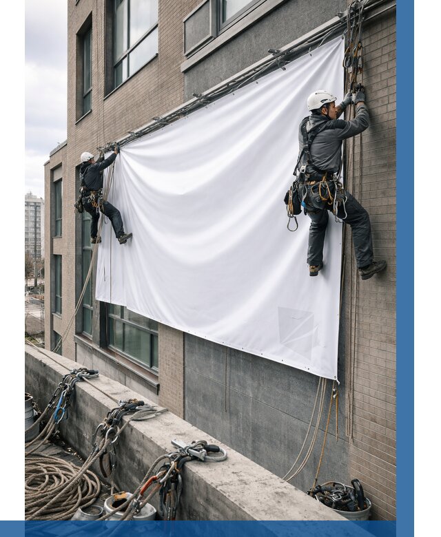 Монтаж баннеров на фасаде в Реутове от 676 р. заказать ВЫСОТНИК-Ртв