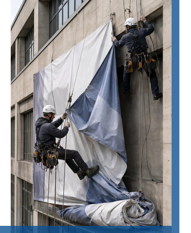 Демонтаж баннеров с фасада в Реутове от 4683 р. | ВЫСОТНИК-Ртв