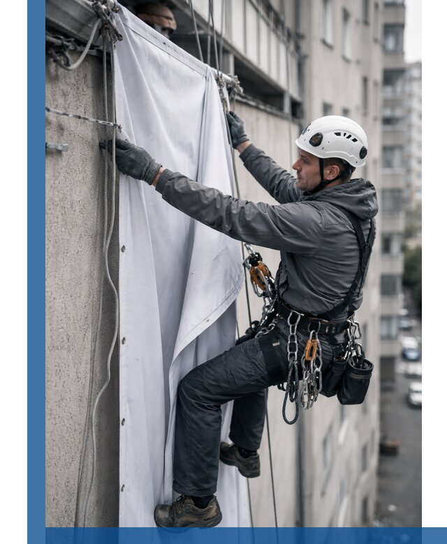 Замена баннерного полотна промышленными альпинистами в Реутове