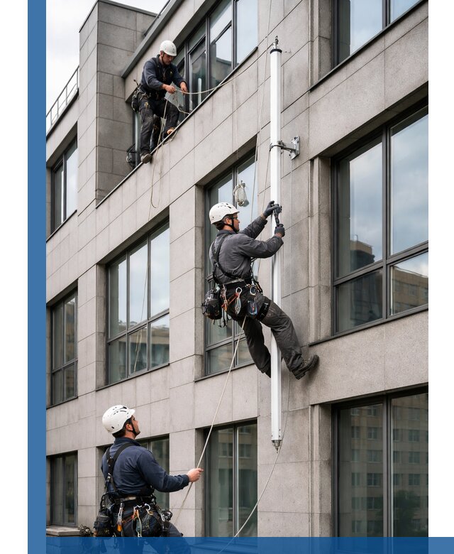 Монтаж флагштока на фасаде здания с креплением и герметикой в Реутове