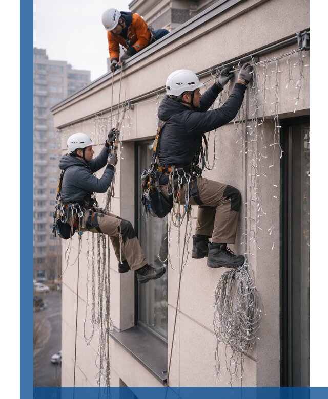 Монтаж праздничных гирлянд на фасаде в Реутове для зданий