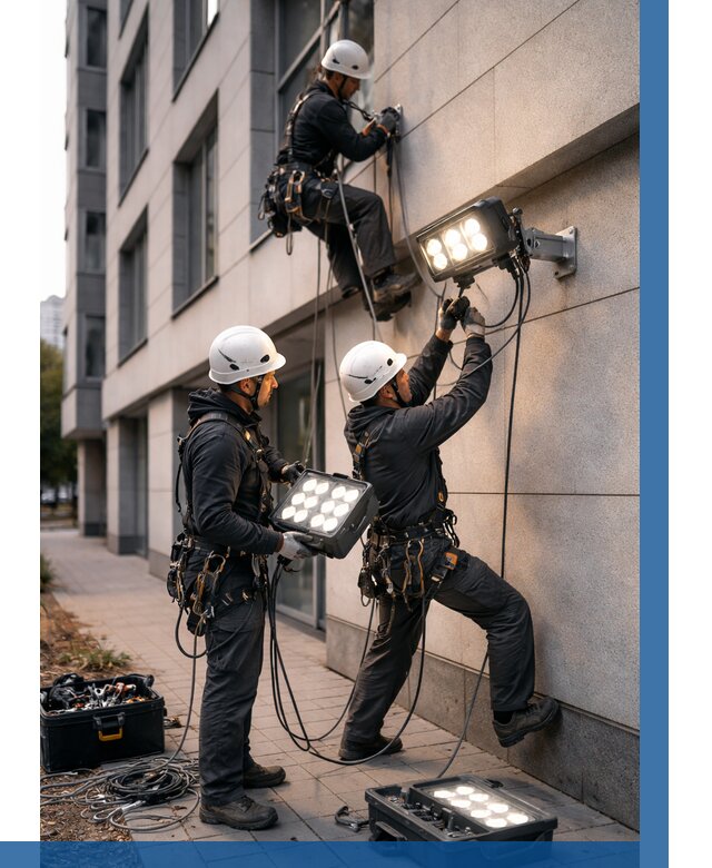 Монтаж прожекторов на фасаде в Реутове от 7805 р. | ВЫСОТНИК-Ртв