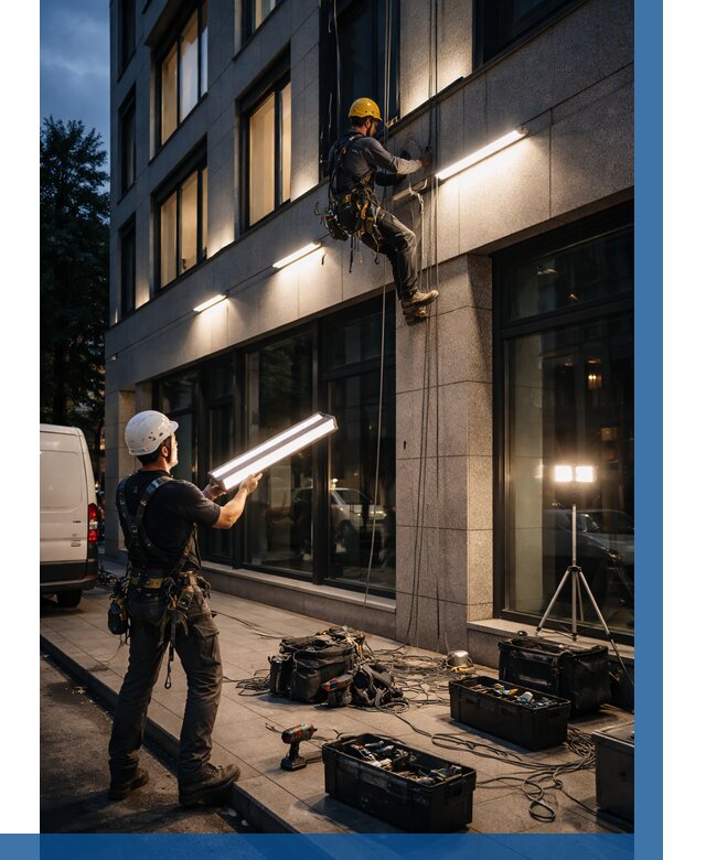 Монтаж архитектурной подсветки здания в Реутове от 2602 р.|ВЫСОТНИК-Ртв