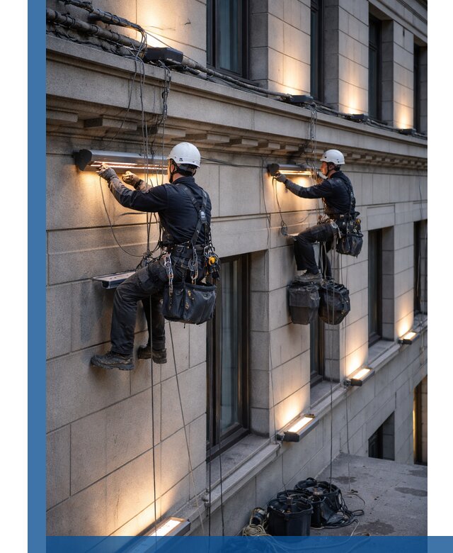 Монтаж архитектурной подсветки фасадов зданий в Реутове