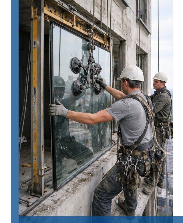 Монтаж стеклопакетов на высоте в Реутове с промышленным альпинизмом