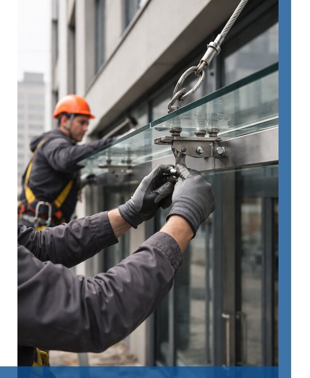 Монтаж стеклянных козырьков в Реутове от 8846 р. | ВЫСОТНИК-Ртв