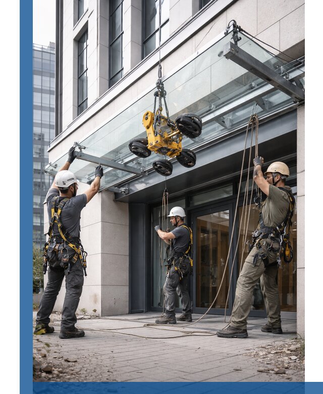 Монтаж стеклянных козырьков под ключ в Реутове для зданий