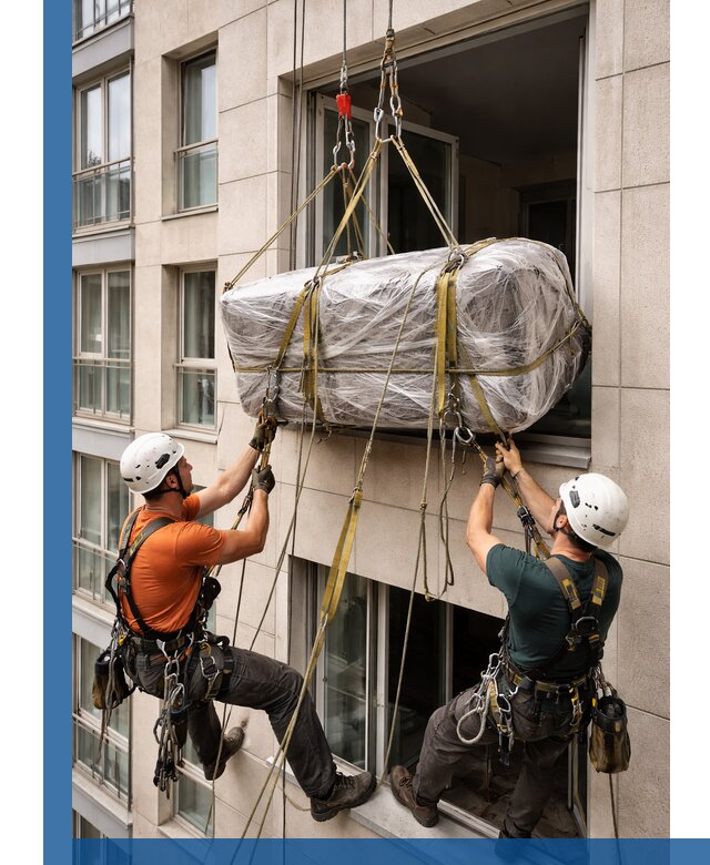 Подъем грузов через окно в Реутове промышленными альпинистами