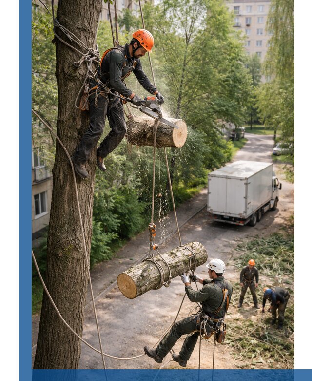 Спил деревьев альпинистами в Реутове, безопасно и без повреждений