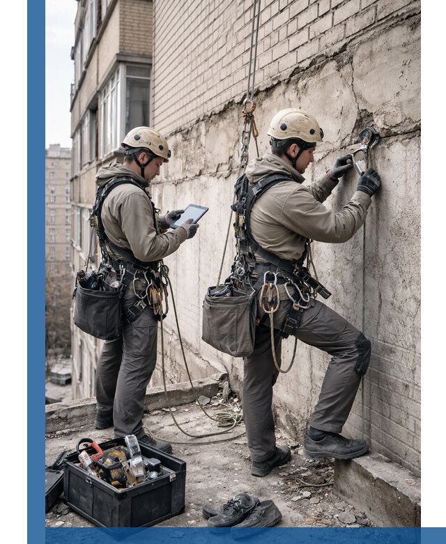 Обследование фасада промышленными альпинистами в Реутове